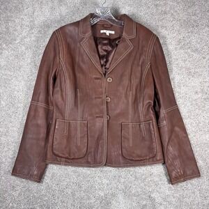 CABI Womens Brown Leather Blazer Jacket Size 10 Stitching Pockets